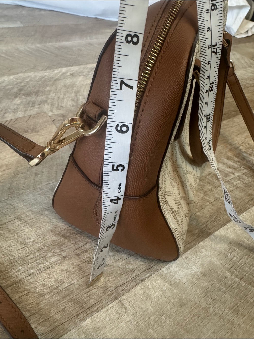Michael Kors Cream MK Logo Clutch with Brown Leather Trim and shoulder strap - Picture 10 of 15